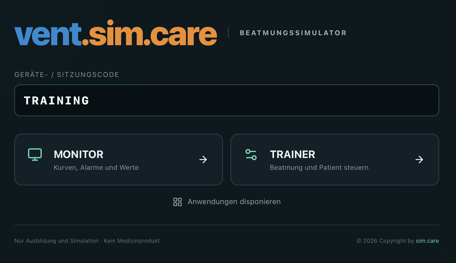 vent.sim.care – Bedienoberfläche